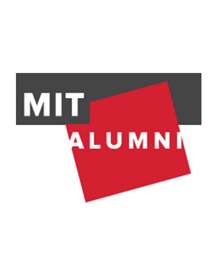 A logo of mit alumni with red and black squares.