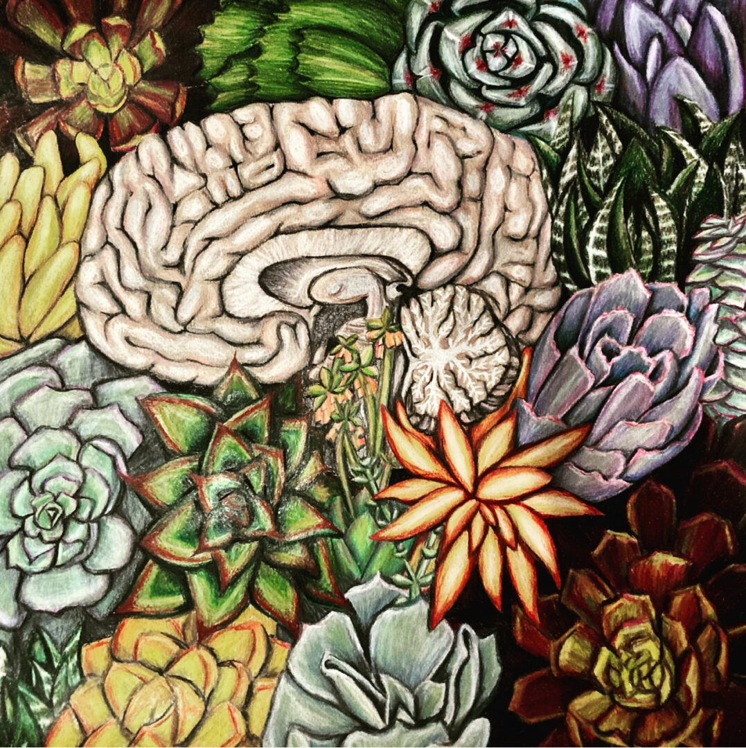 A painting of a plant and a brain