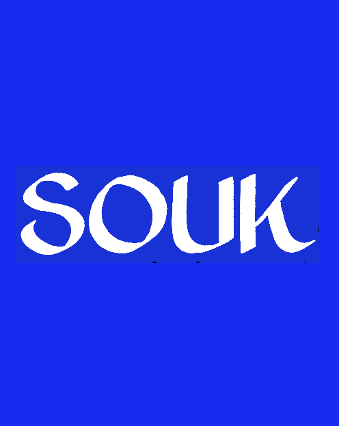 A blue square with the word souk written in white.