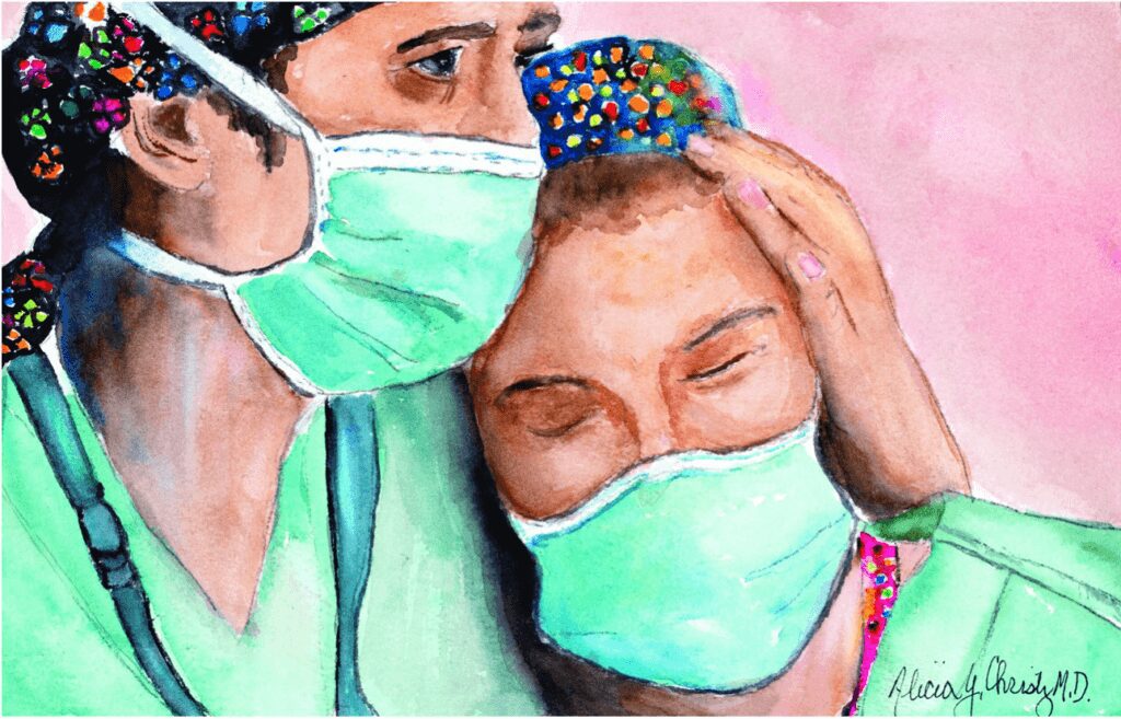 A painting of two doctors wearing masks
