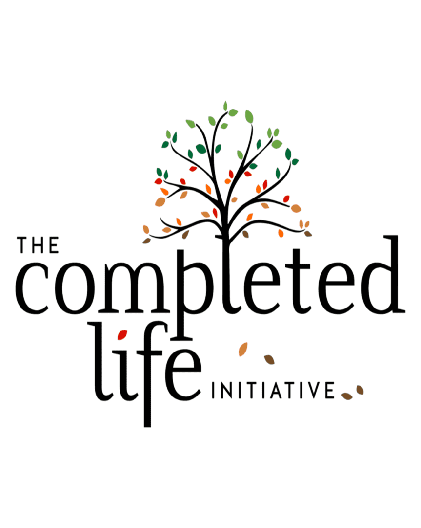 a white and black logo with a tree for the completed life initiative